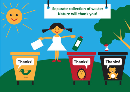 color poster. A girl throws out garbage in the garbage cans in different colors.のイラスト素材