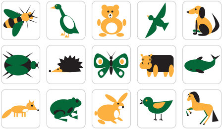Illustration: set of geometric icons of animals, birds, insects on white backgroundのイラスト素材