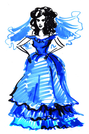 colored illustration markers on a white background sketch of a bride in a blue dressの写真素材