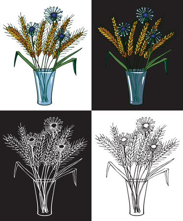 Illustration on black and white background drawing of flowers of cornflowers and ears in a vaseのイラスト素材