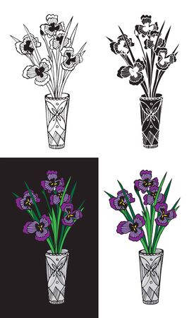 Illustration on black and white flowers iris in the crystal vaseのイラスト素材