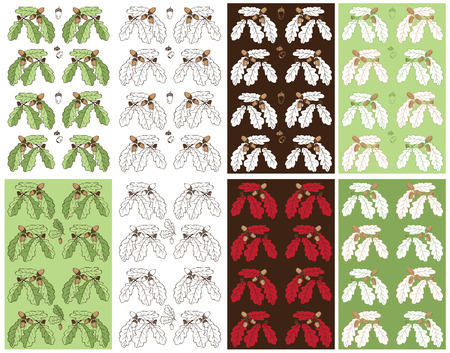 Pattern with a branch of oak and acorns white , green and dark brownのイラスト素材