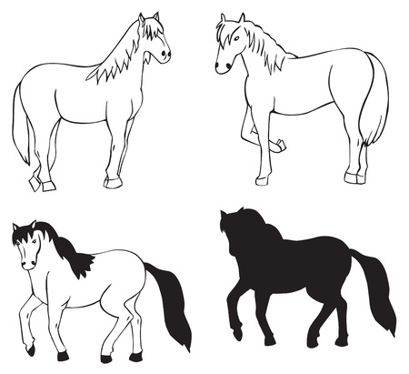 Hand drawing on white background animals horse and silhouetteのイラスト素材