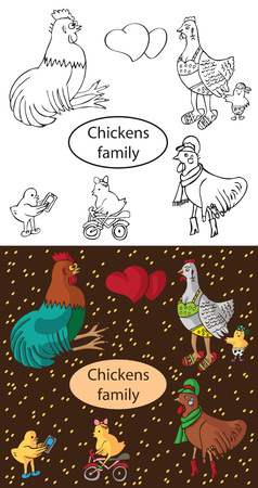 illustration of a fashionable family of chickens on a dark and white backgroundのイラスト素材