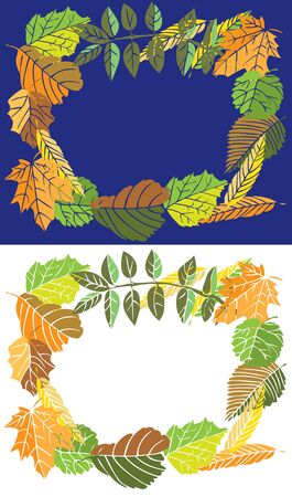 illustration on a blue and white background with frame of autumn leavesのイラスト素材