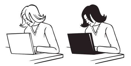 illustration on white background young woman behind laptopのイラスト素材