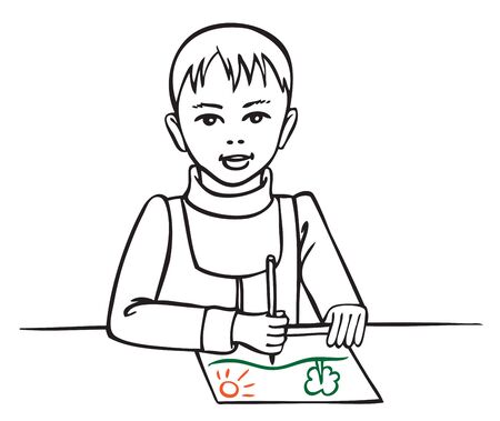 Illustration on white background little boy draws a pencil on paper landscapeのイラスト素材