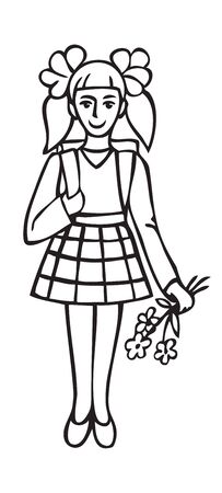 illustration on white background schoolgirl with flowers and backpack smiling behindのイラスト素材
