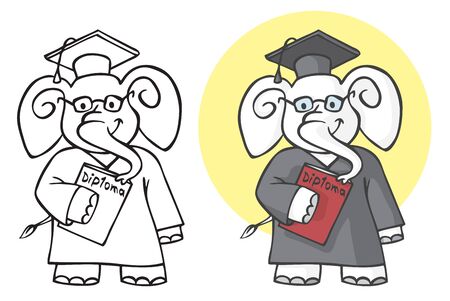 illustration on white background an elephant student wearing glasses with a red diploma in his handsのイラスト素材