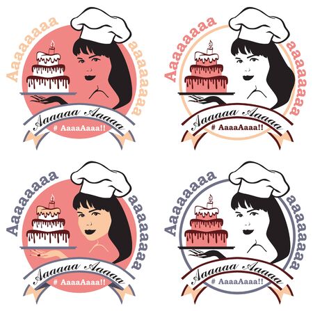 Face of a beautiful girl in a cook's cap with a cake in her hand against the background of a circle and inscriptions. Illustrationのイラスト素材