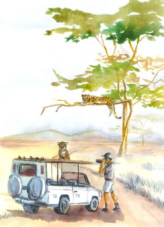 Watercolor illustration of an African landscape with leopards and safariの写真素材