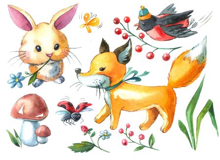 Watercolor illustration of cute animals - bullfinch, fox, rabbit, insects, and plantsの写真素材