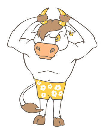 bull in family shorts with an earring in his ear took himself by the horns illustration on white backgroundのイラスト素材