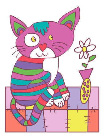 striped funny cat on a rug made of patches and a vase of flowers vector illustrationのイラスト素材