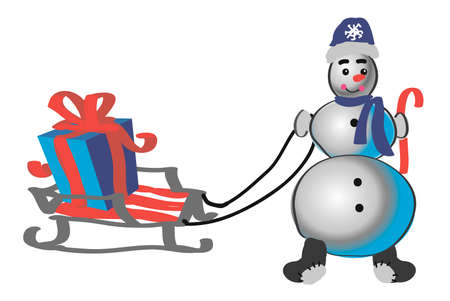 illustration on white background. character child snowman carries a sleigh with a gift boxのイラスト素材