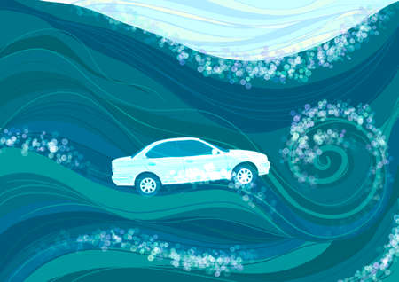 White car rides on blue waves in the seaの写真素材