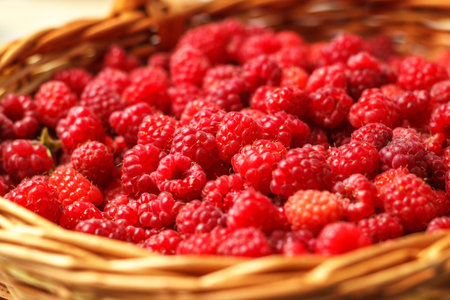 Fresh raspberries in the basket. Food-background. selective focus