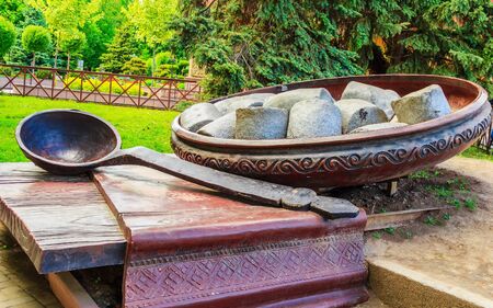 Monument Poltava dumplings Ukrainian traditional national dish. Poltava, Ukraineの写真素材