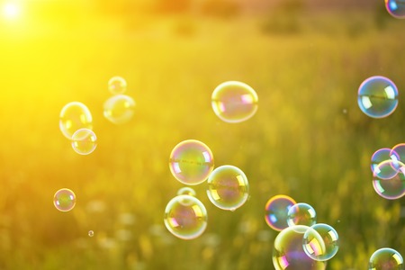 Abstract, blurry soap bubbles in the field at sunset background. Design Elementsの写真素材