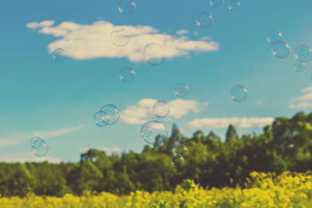 Abstract, blurry soap bubbles in the field. Retro toningの写真素材