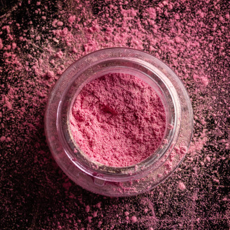 Pink eyeshadow in open jar on dark background.