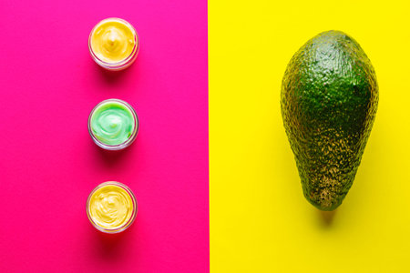 Avocado cream in pot with fruit. Cosmetics from natural ingredients natural concept.