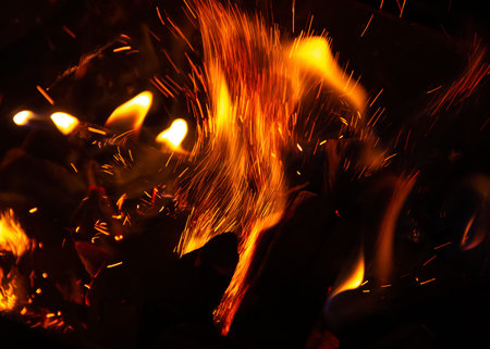 Fire flame and sparks texture on a black background. Abstract background.