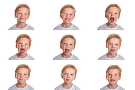 Speech therapy concept. Little boy doing exercises for correct pronunciation. Isolation on a white background. Image set. High quality photoの写真素材