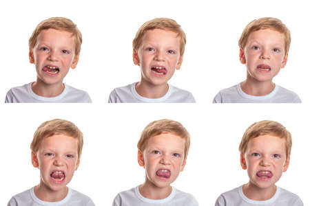 Speech therapy concept. Little boy doing exercises for correct pronunciation. Isolation on a white background. Image set. High quality photoの写真素材