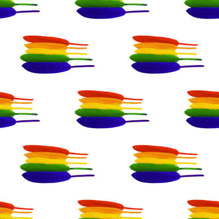 Seamless pattern of lined in rainbow colored bird feathers on a white background. LGBT concept. High quality photoの写真素材