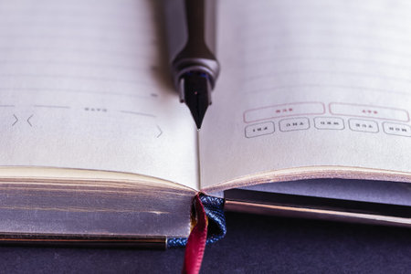A fountain pen in an open business organizer. Copy space. Business concept. High quality photo