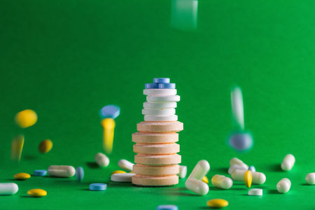 Stacks of pills of various sizes and colors on green