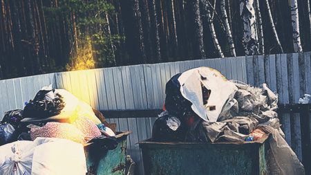 Litter box full of garbage in forest. Concept of ecology problem. Tonedの写真素材