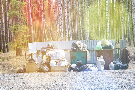 Litter box full of garbage in forest. Concept of ecology problem. Tonedの写真素材