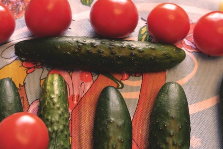 Concept of diet food and vegan eating - organic green cucumber and red tomatoes closeupの写真素材