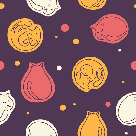 Seamless pattern of sleeping cats on dark lilac background. Pink, orange and white cats in night textureのイラスト素材