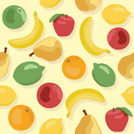 Seamless pattern of fruits on yellow background. Apples, bananas, pears, lemons and orange in the form of aのイラスト素材