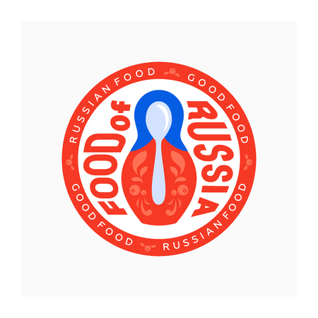 Russian food logo. Emblem with nesting doll in Russian flag colors. Logotype traditional Russian doll matryoshka with spoon. Symbol of Russia. Red and blue sign in Russian styleのイラスト素材