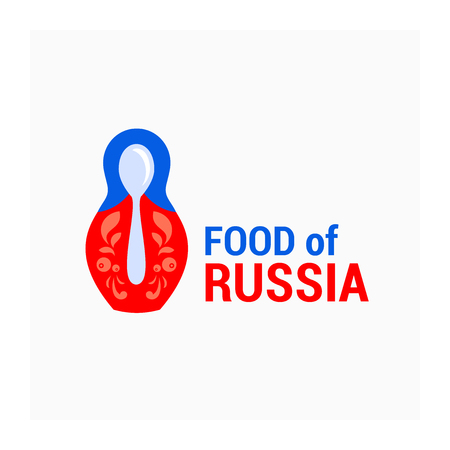 Vector illustration of Russian doll matryoshka. Nesting doll logo in colors of Russian flag. Logotype food of Russia. Symbol of Russia. Red and blue matryoshka with spoon. Russian food sign.のイラスト素材