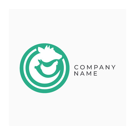 Farm logotype with animals. Agricultural animals sign. Icon for farm products. Design element for farm isolated on white background. Illustration of cow, pig and chickenのイラスト素材