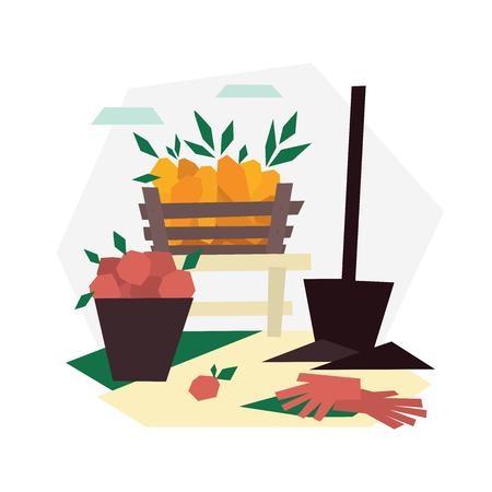 Garden scene with a crop and garden equipment. Gather of fruits and vegetables. Vector Illustration of harvest. Autumn workのイラスト素材