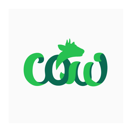 Cow handwriting lettering. Sign for cattle company. Agricultural or dairy icon. Vector logo for beef products. Green illustration with symbol of cow for milk or milky foodのイラスト素材