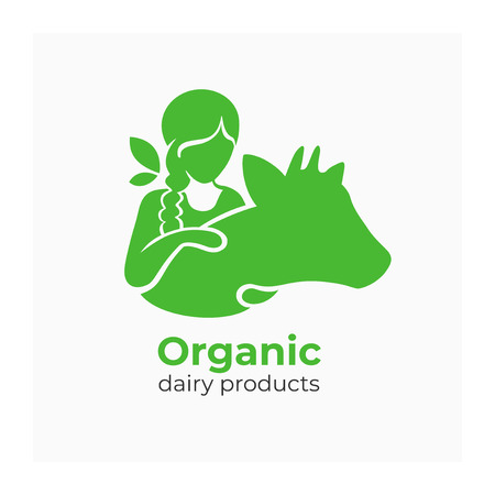 Logo for dairy products with country girl. Vector illustration of milkmaid hugging cow. Green sign for farmers organic food. Symbol with young woman and heifer. Label for milk farm company, bio marketのイラスト素材
