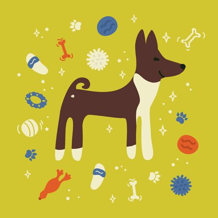Cute poster of Basenji with dog toys. Vector illustration with pet supplies. Ball, bone, slippers on yellow background. Design template with puppy for banner, business card. Postcard with home animal.のイラスト素材