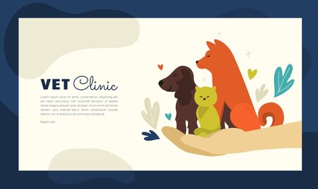 Design for vet clinic, pet care, medicine, veterinary hospital. Vector illustration with healthy dogs and cat for banner, leaflet, brochure, flyer, landing page layout, presentation, blog post.のイラスト素材