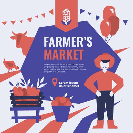 Vector illustration of farmer and local farmerâs market. Selling fruit, vegetables, dairy product,meat, cheese, farm's food. Poster design for local farm market. Template for banner,advert,print,flyerのイラスト素材