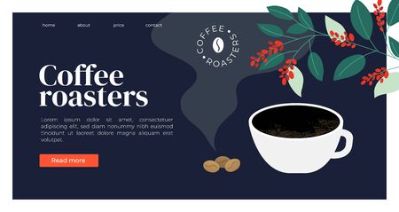 Template  for coffee roasters website. Vector illustration with espresso, fresh roasted coffee beans and plant. Design for banner, landing page, web page, blog post, booklet, prints, flyer, backgroundのイラスト素材