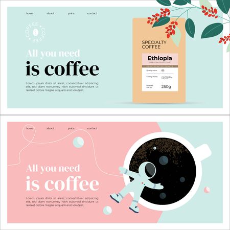 Set of templates with specialty coffee packaging, espresso, outer space and astronaut. Layout with quote All you need is coffee. Design for banner, landing page, website, blog, booklet, prints, flyer.のイラスト素材