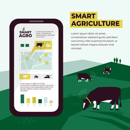 Smart agriculture illustration with farm, cows, pasture, agricultural fields. Data collection and analysis from each cow using smartphone and sensors. Template for banner,annual report, prints, layoutのイラスト素材