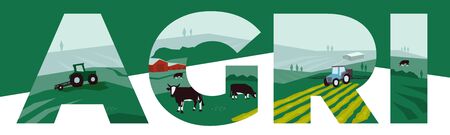 Design of word AGRI with illustration of agriculture inside. Vector with farmland, pasture, cow, agricultural building, irrigation tractor, landscape. Template for banner, flyer, poster, print, reportのイラスト素材